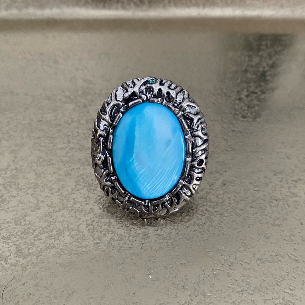 Vintage Adjustable Silver Statement Ring with Large Blue Stone